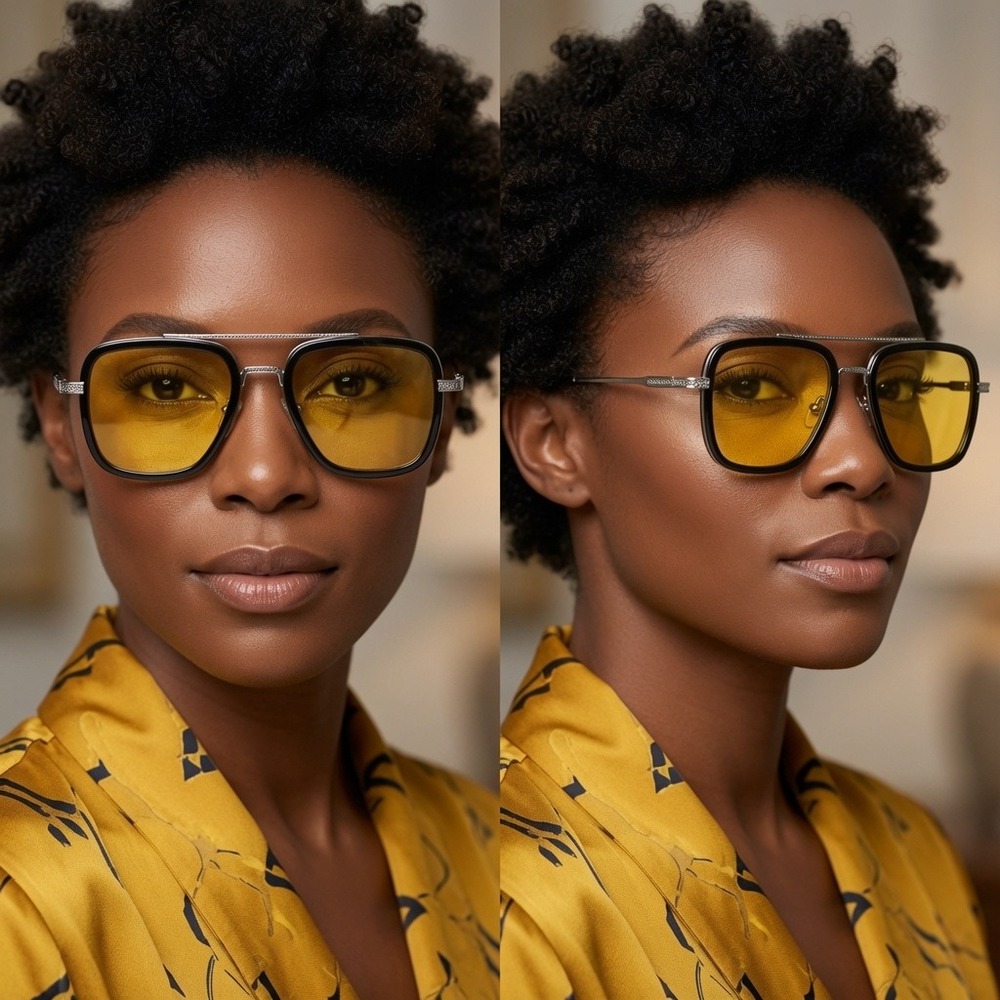 Silver Black Square Sunglasses Yellow Tinted Lens Retro Square Women Lentes New